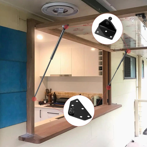 28 Inch Gas Strut With Mounting Bracket For Truck Bed Tonneau Cover RV Murphy Bed, shows installation in modern kitchen.
