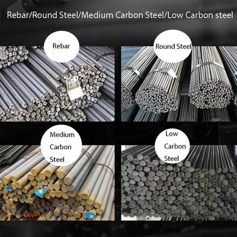 Image showcasing Rebar, Round Steel, Medium Carbon Steel, and Low Carbon Steel for construction applications.