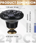 24 Piece Black Ceramic Cabinet Knobs Vintage Round Pulls dimensions showing 34mm black ceramic knob with screws and driver.