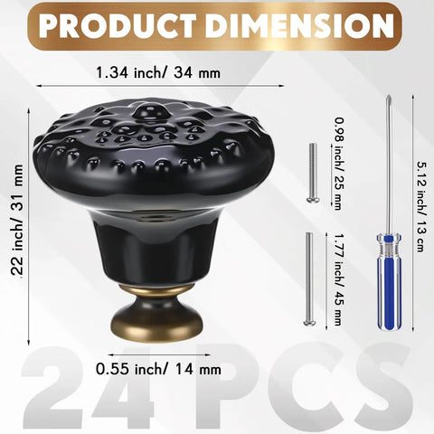 24 Piece Black Ceramic Cabinet Knobs Vintage Round Pulls dimensions showing 34mm black ceramic knob with screws and driver.