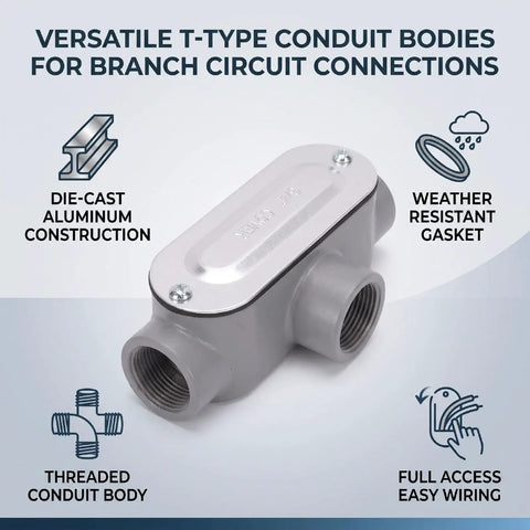 Built Tough Four Pack T Type Conduit Bodies Three Quarter Inch Threaded Die Cast Aluminum Electrical Junction Boxes Easy Routing For Real Pros Getting Jobs Done with weather resistant gasket