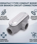 Built To Last 4 Pack 3/4 Inch T Type Conduit Body Electrical Junction Box showing die-cast aluminum and weather-resistant design.