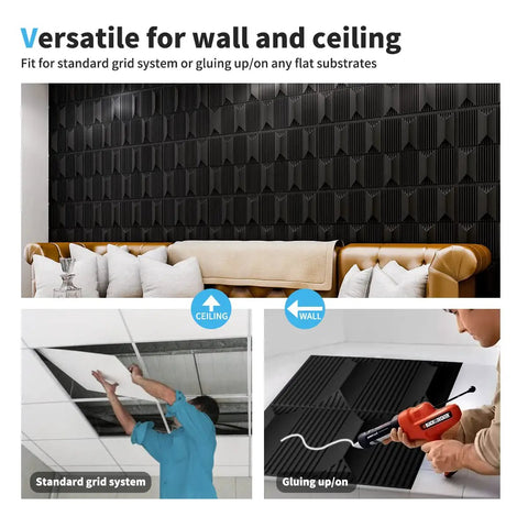 Massive 3D Diamond Pattern PVC Wall Panels Black 19.7 Inch Square Pack Of 12 Tiles Real 1 Inch Raised Texture Easy Install Covers About 32 Sq Ft Interior Wall Decor shown in installation scenarios for walls and ceilings.