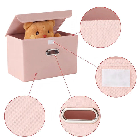 Premium Pink Fabric Storage Cubes Featuring Reinforced Stainless Steel Handles And Secure Cover Lids For Killer Closet Setup and Super Collapsible Foldable Nursery Bins To Organize Your Space Like A Pro with teddy bear.