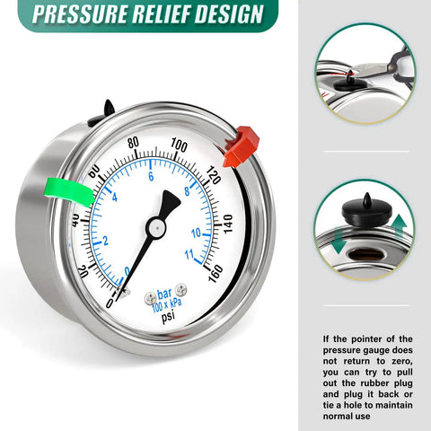 Stainless Steel Dry Low Pressure Gauge Back Mount 2 Inch Dial 0-160 Psi Dual Scale NPT Quarter Inch Thread Waterproof Design