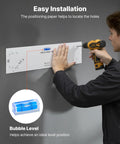 Person installing 2-Pack Heavy Duty Garage Wall Shelving Units, 6-Foot Long Steel Wall Mounted Shelves with a drill and bubble level.