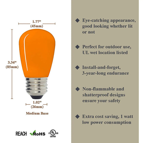 Yellow S14 LED Decorative Bulb For Outdoor Signage And Lighting Waterproof And Shatterproof 1W Low Power 10W Equivalent E26 Medium Base
