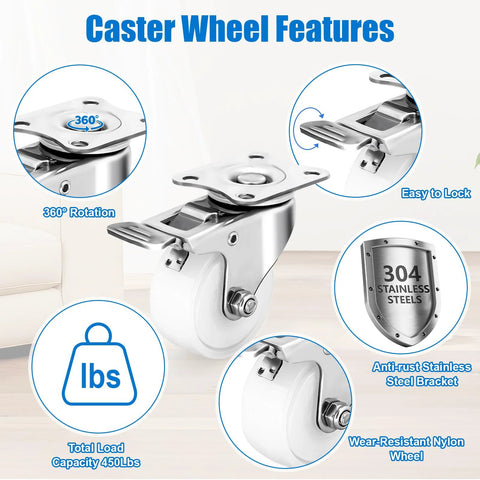 Fixhando 2-in stainless steel caster wheels, set of 4, swiveling with 304 stainless shield and PA nylon wheels, 450 lbs