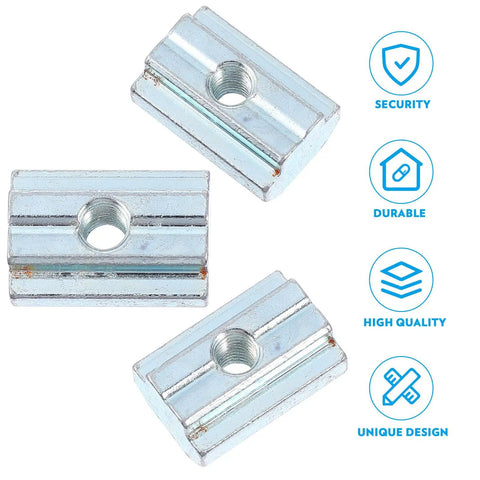Twenty Piece T Slot Slide Nuts Premium Carbon Steel Tee Track Fasteners Nickel Coated showing three durable nuts with threaded holes.