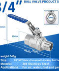 Two Pack Full Port Ball Valve Three Quarter Inch NPT Male To Female 304 Stainless Steel Heavy Duty Shut Off Valve With Locking Device 1000 WOG Ideal For Plumbing Water Oil Gas Lines In Commercial And Residential Setups showing dimensions