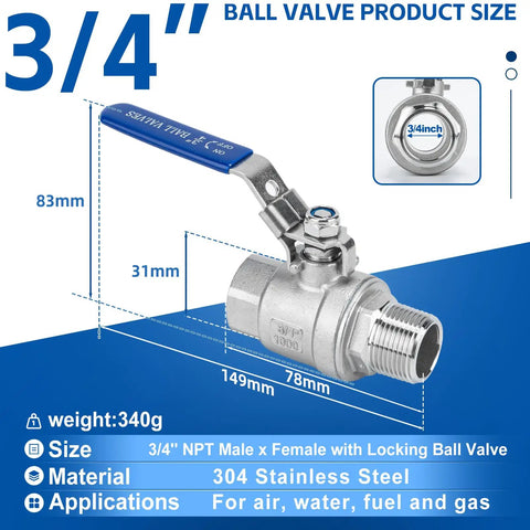 Two Pack Full Port Ball Valve Three Quarter Inch NPT Male To Female 304 Stainless Steel Heavy Duty Shut Off Valve With Locking Device 1000 WOG Ideal For Plumbing Water Oil Gas Lines In Commercial And Residential Setups showing dimensions