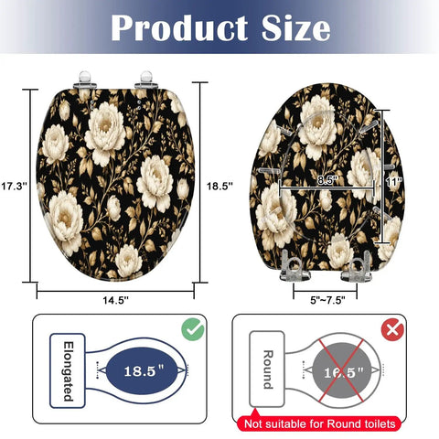 Elongated Peonies roses Floral vintage seamless Gold white Toilet Seat dimensions 18.5 inches, sturdy resin construction.