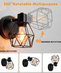 Black Industrial Wall Sconce With Dimmer And On Off Switch, showcasing adjustable 90 degree cage head and 360 rotation.