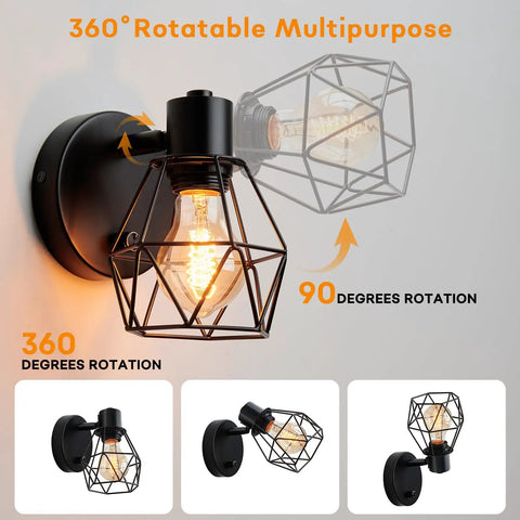 Black Industrial Wall Sconce With Dimmer And On Off Switch, showcasing adjustable 90 degree cage head and 360 rotation.