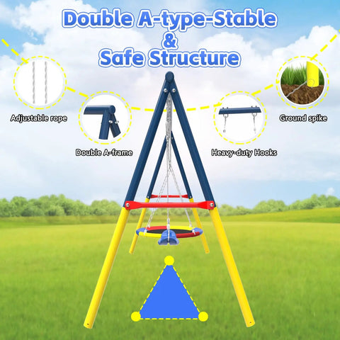 Double A-frame structure of Backyard Swing Set With Built Tough Heavy Duty Metal Stand 440 Lb Capacity in an outdoor setting.