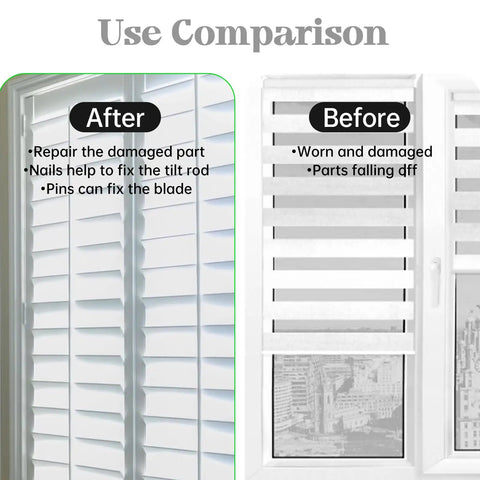 Before and after comparison of plantation shutters showing repair improvements using 85 Pcs Plantation Shutter Repair Kit Game Changer Includes Spring Loaded Pins And Tilt Rod Louver Staples Fix 0 75 And 0 6 Inch Parts For Easy Zero Fuss Diy Fixes To Your Blinds And Shutters.