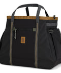 Monster 48L Gear Hauler Tote Bag in recycled nylon, black with brown trim, free standing and abrasion resistant design.