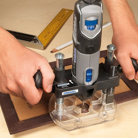 Pro Level 3/16 Inch Straight Router Bit Designed For Precision Routing Mortising And Inlay Applications With Kick Ass Durability Cutting Square Grooves Rabbets And Clean Edges in use with a Dremel tool.