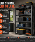 Badass Heavy Duty Storage Shelving With Pegboard 5 Tier Metal Rack Unit Max 2000 Lb Capacity Built Like A Tank For Garage Workshop And Home Storage Black Steel displayed with tools and bins.
