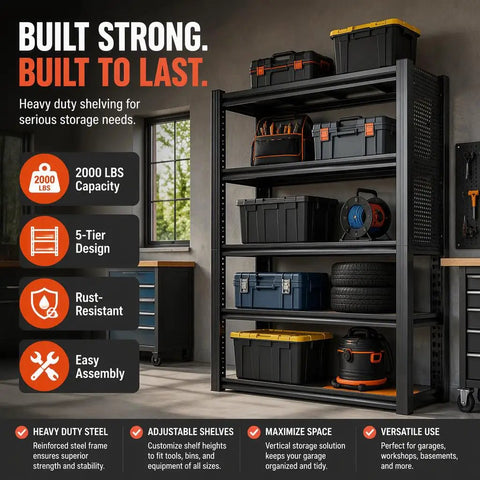 Badass Heavy Duty Storage Shelving With Pegboard 5 Tier Metal Rack Unit Max 2000 Lb Capacity Built Like A Tank For Garage Workshop And Home Storage Black Steel displayed with tools and bins.