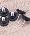 Badass Heavy Duty Adjustable Furniture Levelers With Tee Nuts Kits Black Steel And Rubber Pads For Killing Wobble On Cabinets Tables Chairs Workbenches Quick Setup showing five adjustable levelers with rubber pads.