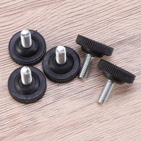 Badass Heavy Duty Adjustable Furniture Levelers With Tee Nuts Kits Black Steel And Rubber Pads For Killing Wobble On Cabinets Tables Chairs Workbenches Quick Setup showing five adjustable levelers with rubber pads.
