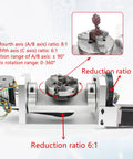 Rock Solid Cnc 5 Axis Rotary Table With 100mm Three Jaw Chuck And Hella Precise Indexing Head, A/B/C-axis ratios highlighted.