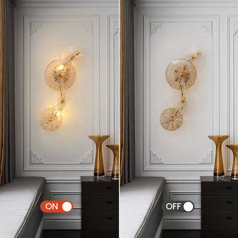 Set Of 2 Gold Wall Sconces With Brass Finish And Glass Shade For Hallway Vanity And Bedroom Lighting Easy To Install shown on wall on and off