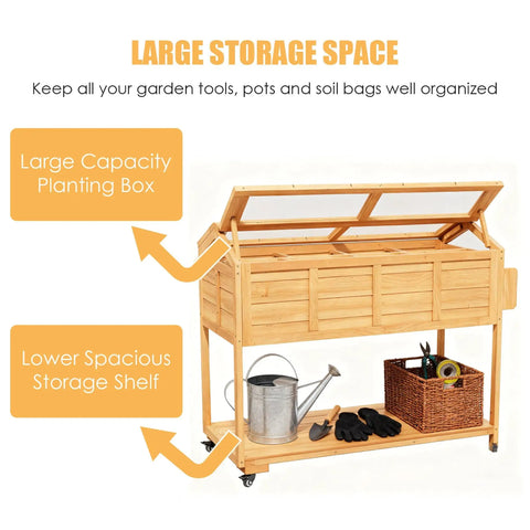 Ergonomic Elevated Garden Bed On Wheels With Cover And Storage Shelf for Backyard Patio Outdoor All In One Raised Planter Box Cart
