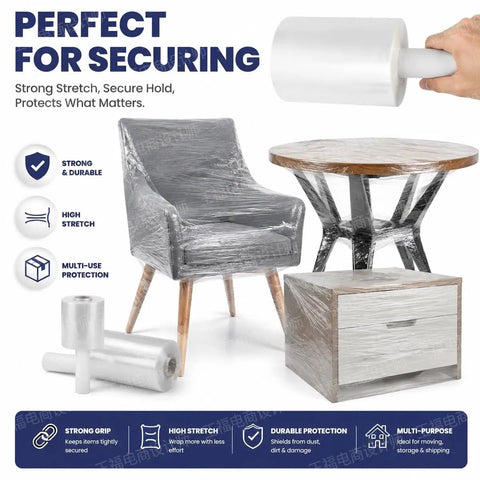 Pro Level Mini Stretch Wrap With No Sweat Handle 5 Inch By 1000 Feet 80 Gauge Cast Film 8 Pack securing furniture during moving.