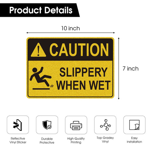 Caution Wet Floor Sign Set 10 X 7 Inch Two Pack Vinyl Sticker With High Visibility Reflective Waterproof Finish, Fade-Resistant Slippery When Wet Warning Decal For Commercial Kitchens, Offices, Warehouses And Restaurants. 10x7 in reflective caution sticker
