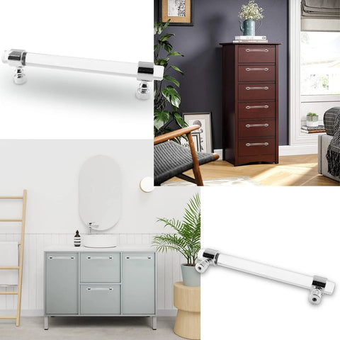 Six Pack Clear Acrylic T Bar Cabinet Pulls for dresser and kitchen cabinets with 5 inch hole centers and sleek modern design
