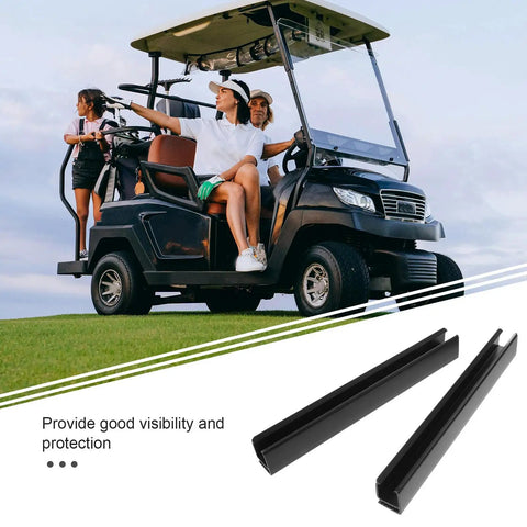 Two Pack Golf Cart Windshield Trim Clips Durable Plastic Mounting Accessories for Easy Windshield Installation and Replacement on Golf Carts Secure Hold in All Weather shown with a golf cart and close-up of clips