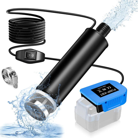 Cordless Water Transfer Pump For 24V Battery Pack, 635 Gph High Output Submersible Sump Pump components with water spray.