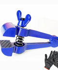 Portable Hand Vise For DIY Projects With A 2 Inch Jaw Heavy Duty Handheld Vice next to protective gloves, visible in blue color.