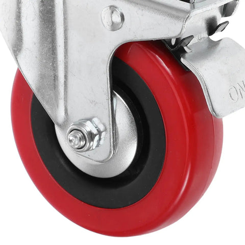 Close-up of a heavy-duty wheel from the 4 Piece Stem Caster Set Featuring Sweet Swivel Threading And Rock Solid Dual Locking Brakes.