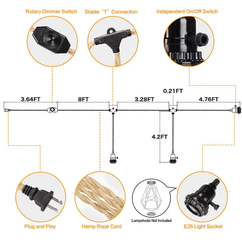 Diagram of Pendant Light Cord Kit With Stepless Dimmer 28.5ft Plug In Hanging Light With Triple E26 Base Sockets, hemp rope detailed view.