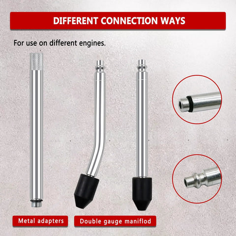 Cylinder leak-down tester kit with 3 metal shafts and dual gauge manifold for automotive engines