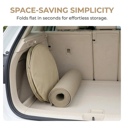 17L Foldable Storage Bag Tote, Your All In One Go To Organizer for Outdoor Picnics in khaki, folded flat in car trunk
