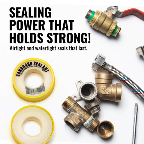 Assorted plumbing fittings with Heavy Duty Gas Pipe Thread Seal Tape PTFE Yellow Teflon Tape for Gas Fittings 260 Inch Length Half Inch Size