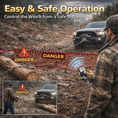 Wireless Winch Remote Control Kit 12V 24V Universal Receiver With Dual Remotes For Trucks ATVs And SUVs Easy Install Plug And Play Ready Heavy Duty ABS Housing Long Range Weatherproof Wireless Winch Controller used by man near truck