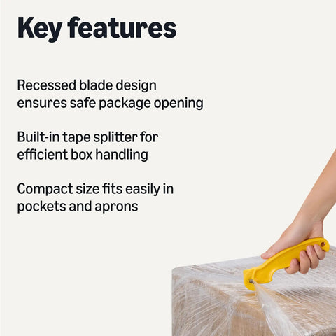 Smooth Operator Film Safety Cutter Featuring A Concealed Stainless Blade And Integrated Tape Splitter For Slicing Plastic Wrap Shrink Film And Cardboard Boxes Durable Ergonomic Grip 30 Pack