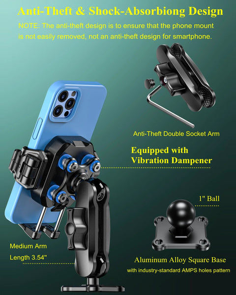 Anti-Theft Phone Mount With Vibration Dampener And 1 Second Lock Release Cam Friendly Aluminum Arm And Square Base For Cars Boats Trucks Motorcycles ATVs UTVs Fits 5.4 To 7.2 Inch Phones Secure Shock Absorbing Grip in retail packaging.