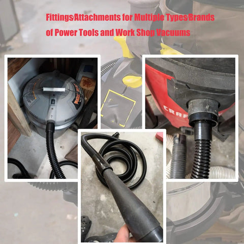 12 Foot Dust Collection Vacuum Hose Kit with Five Fittings attached to various power tools and vacuums in workshop setting