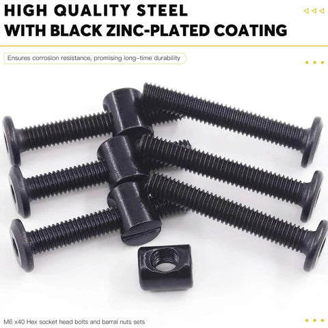 Fifty Piece M6 X Forty Millimeter Black Zinc Plated Hex Socket Crib Bolts With Matching Barrel Nuts And Hex Key For Rock Solid Furniture And Bed Frame Setup, showing bolts and nuts set.