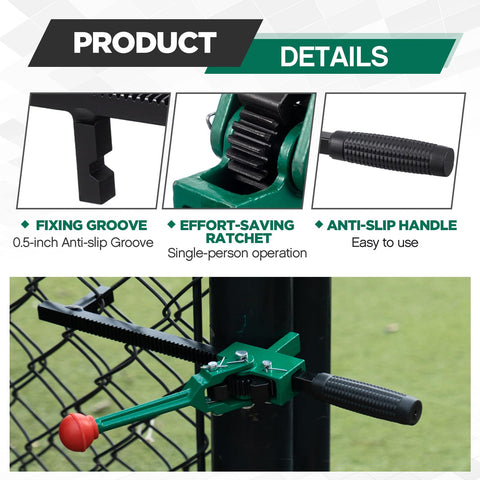 Chain Link Fence Stretcher Tool With Ratcheting Wire Tightener For Easy Tension, 1.7 To 9 Inch Range, Tilted Base Hooked Groove, One Hand Operation, 16.5 Inch, Green shown with anti-slip handle and fixing groove features.