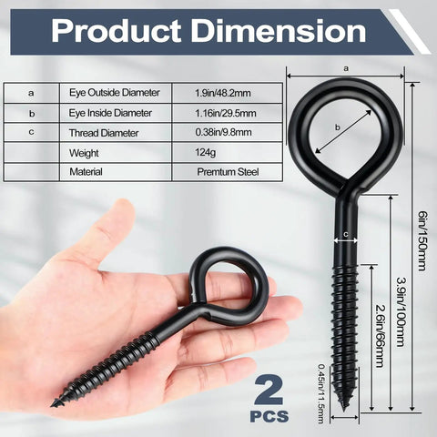 Heavy Duty 6 Inch Eye Hooks And Screws Set, Holds Up To 800 Lbs, Rustproof Self Tapping Eye Bolts with dimensions and hand size comparison