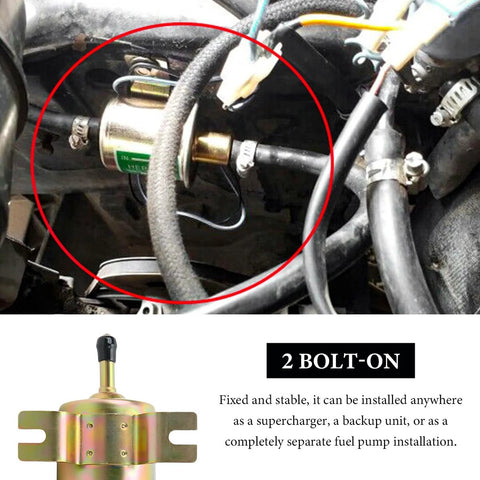 Low Pressure Inline Electric Fuel Pump 12V 3-6 PSI With Built In Check Valve installed in vehicle engine