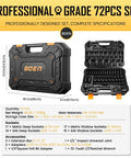 Heavy Duty Half Inch Drive Impact Socket Set, 72-Piece SAE And Metric Kit, includes case dimensions and contents listed