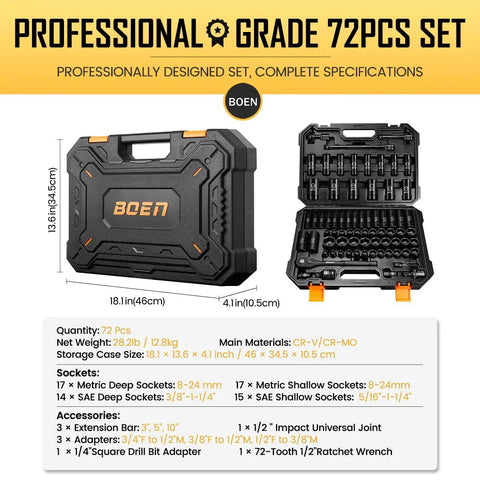 Heavy Duty Half Inch Drive Impact Socket Set, 72-Piece SAE And Metric Kit, includes case dimensions and contents listed